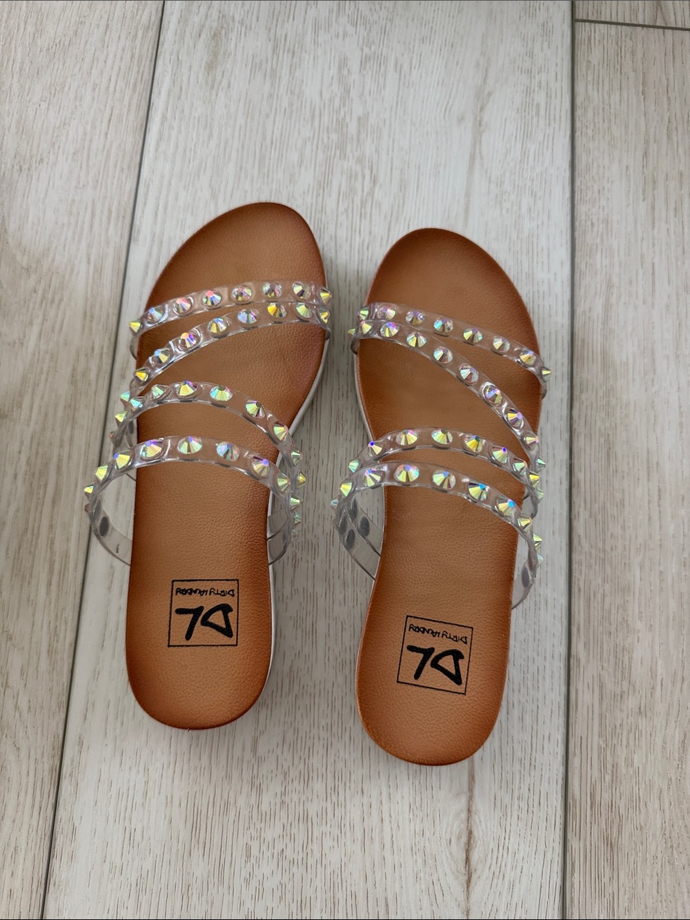 Dirty Laundry Brown Footbed Clear-Strap Slide Sandals with Iridescent Studs